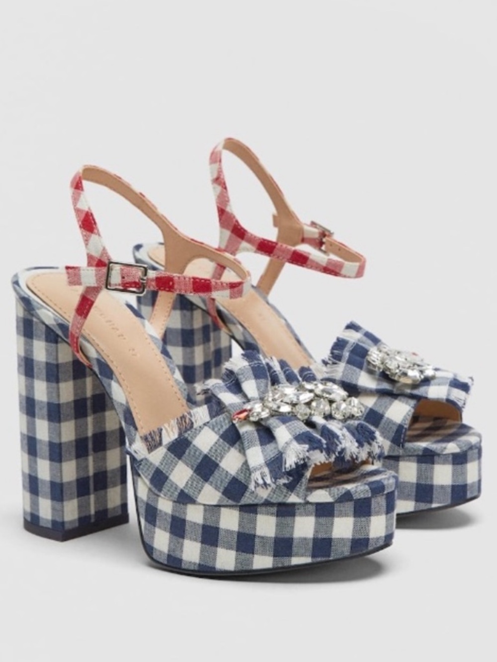 Zara Blue Red White Bejeweled Country 4th of July Gingham Platform Heels Size 38
